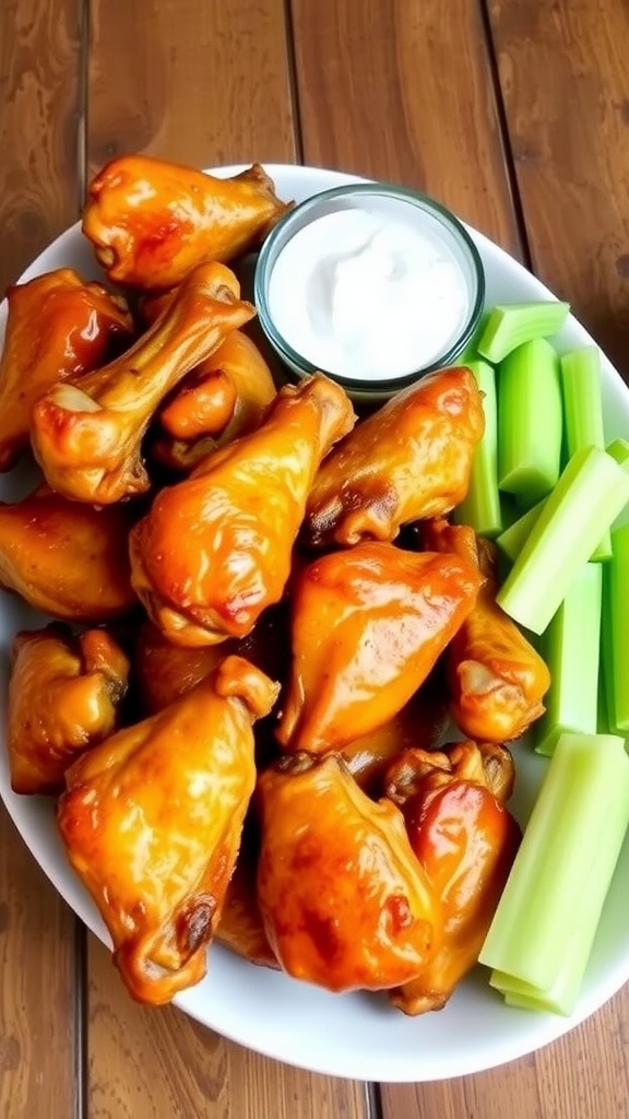 Crispy baked chicken wings on a platter with celery sticks and ranch dressing.